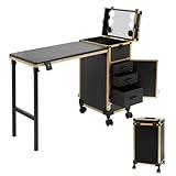 Titunjian Rolling Manicure Table Foldable Nail Desk with LED Mirror & Speaker Nail Polish Organizer Lockable Makeup Train Case with 3 Drawers Cosmetic Trolley for Mobile Nail Techs Salon (Black Gold)