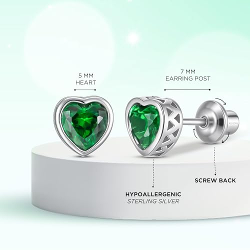 Heart Birthstone Earrings with Screw Backs | Hypoallergenic Sterling Silver Studs for Girls, Babies, Kids & Teens | Safe Jewelry Gift for Birthdays & Holidays 5