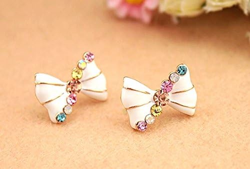 WHITE ENAMEL BOWS WITH COLORFUL CRYSTAL ACCENTS STUD EARRINGS W/ GIFT BOX AND ORGANZA BAG