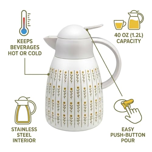 WOLFF - Stainless Steel Thermal Coffee Carafe – 40oz / 1.2L Vacuum Insulated Double Walled-Keeps Drinks Hot or Cold - Flask Dispenser, Thermal Bottle for Beverages, Tea and Water Pitcher- Wildflowers by WOLFF - Used condition - Image 2