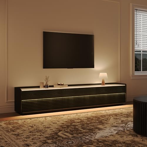 Image of POVISON Fully-Assembled Mid Century Glossy Sintered Stone TV Stand, 94.49 inch Wood Media Console with Adjustable LED Light, Entertainment Center with Storage for Living Room