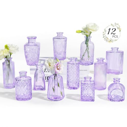 RUCKAE 12 Pack Glass Bud Vases Mini Flower Vase Small Vintage Vases for Centerpiece Table Wedding Decorations Home Decor Party(Purple)