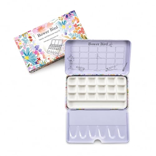 Bower Bird Travel Watercolor Palette,Portable Ceramic Palette,Empty Paint Palette,Small Travel Metal Paint Boxwith Porcelain Palette (18Well)