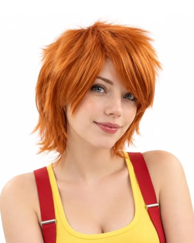 Rose bud Orange Anime Wig Cosplay Layered Wigs with Bangs for Women Men