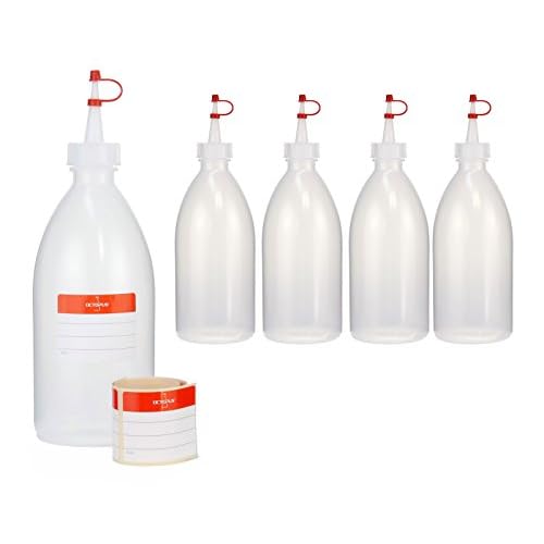 Octopus 5 Plastikflaschen 500 ml aus LDPE, natur, G25, Tropfverschluss, rotes Halteband und Käppchen