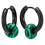 Pendientes Hoop de Acero Inoxidable con Cuentas de Rayas Verde Negro, Huggies de Círculo Negro con Bisagra, Hombre Mujer, 2 Piezas