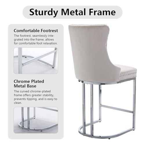 Butacos de altura para barra en terciopelo beige, juego de 4 unidades | Sillas tapizadas modernas para isla de cocina; asiento acolchado; patas metálicas cromadas; respaldo acolchado con botones miniatura 6