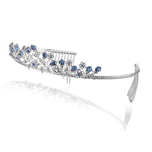 Floral Leaf Bridal Wedding Tiara Crown - Blue Crystals Silver Plating T662 #TOP1