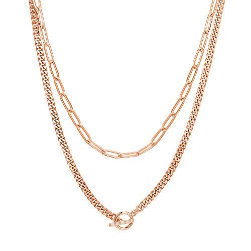 Mejores precios y opiniones de Chapas y cerraduras Top cinco. 37 PAVOI Collar de Cadena Doble chapados en Oro Rosa de 14 quilates para Mujer | Collar en Capas de Cadenas de Clip y de Cerradura para Mujeres