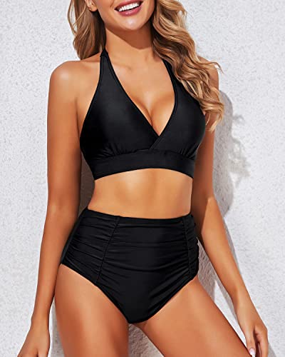 Tempt Me Women Black Two Piece High Waisted Bikini Set Swimsuits Push Up Halter Tummy Control Bottoms Bathing Suits Xs #TOP2