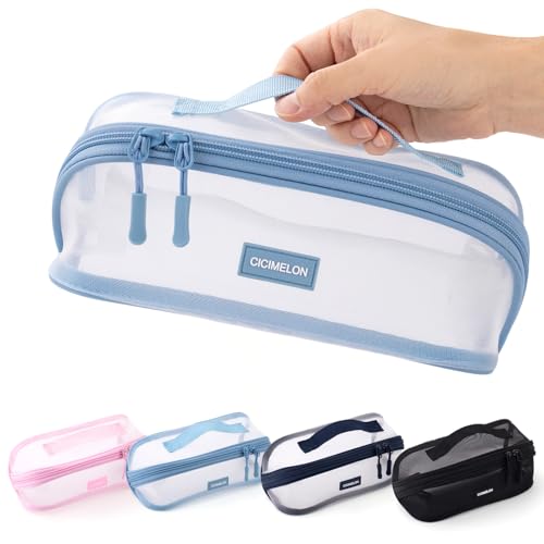 CICIMELON Transparent Mesh Pencil Pouch with Handle Big Case Clear Pen Bag College Essentials School Supplies Light Blue