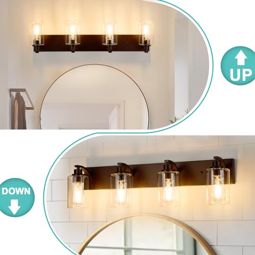Image of 4-Light Bathroom Light Fixtures Modern ORB Vanity Lights | Easy to Install Clear Glass Shades, Wall Mount Up or Down, E26 Socket, Hardwired, 122V