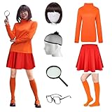 FIHCH Halloween Costumes Woman 2024 Orange Turtleneck Top,Red Skirt,Brown Bob Wig,Magnifying Glass,Socks and Glasses