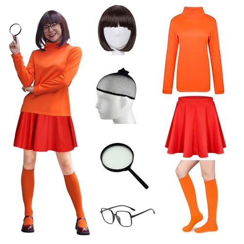 FIHCH Halloween Costumes Woman 2024 Orange Turtleneck Top,Red Skirt,Brown Bob Wig,Magnifying Glass,Socks and Glasses