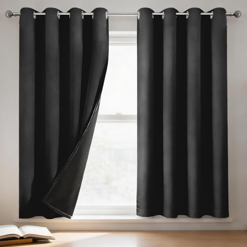 Neween 100% Blackout Curtains with Black Liner, Grommet Thermal Insulated Blockout Curtains Set of 2 Panels, Light Blocking Window Draperies for Living Room/Bedroom (Black, Each Piece W94cm x D137cm)