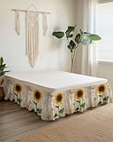 Bed Skirt Queen Size 18 Inch Drop Sunflower Bee Stamp Adjustable Elastic Band Wrap Around Bed Skirts, Dust Ruffle Easy to Install