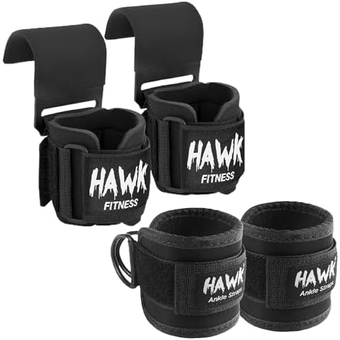 Hawk Sports Weightlifting Hooks with Wrist Straps & Ankle Strap Pair for Safely Weightlifting - Strengthen Your Grip and Lift Heavier Weights at Full Power Cover