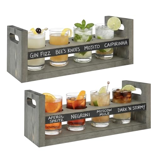 MyGift Beer Flight Sampler Tray Set of 2, Gray Wood Tasting Paddle with Chalkboard Labels & 4 Glasses, Serving Caddy for Home Bar
