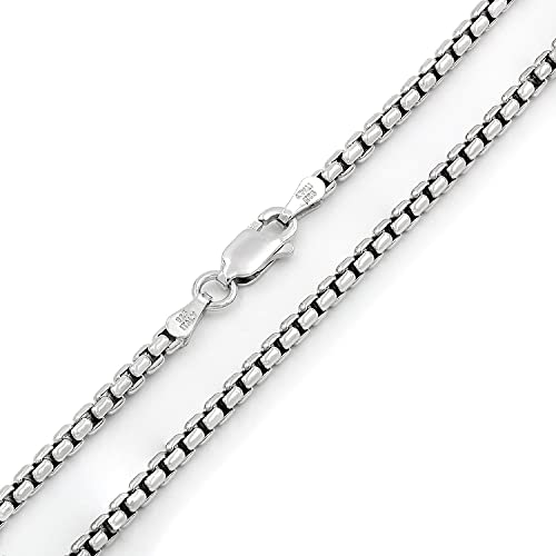 Giorgio Bergamo 925 Sterling Silver Italian 2.5mm Round Box Chain, Solid Rolo Link Rhodium Necklace, (24)