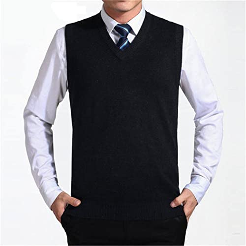 Pull de couleur unie pour homme en cachemire noir sans manches col en V taille S - 3