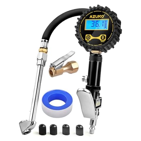 AZUNO Digital Tire Inflator with Pressure Gauge, 200 PSI, Heavy Duty Air Compressor Accessories, w/Rubber Hose Lock on Air Chuck and Quick Connect Coupler Cover