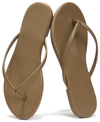 MOAILAOZI Flip Flops Sandals for Women, Summer Fashion Leather Slippers, Lightweight Comfortable Beach Sandals Slip On Flat Dressy zjc-5 Camel Size 9
