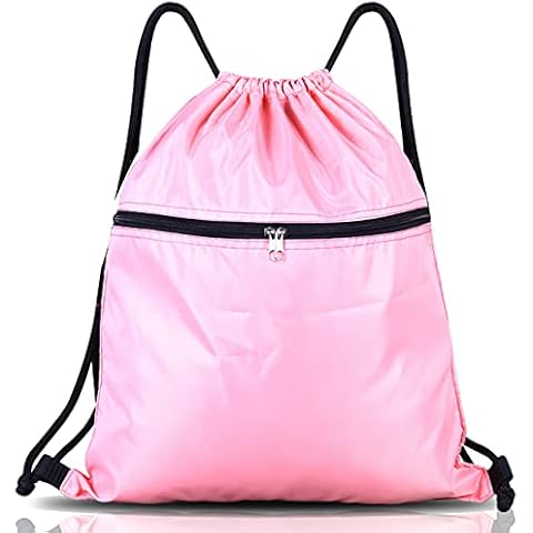 Drawstring Bag String Gym Sack Drawstring Sports Bag Swim Men Women Sack Outside Pocket Zipper PE Backpack Beach School Holidays Swimming Travel Boy Girl Waterproof (Pink) Cover