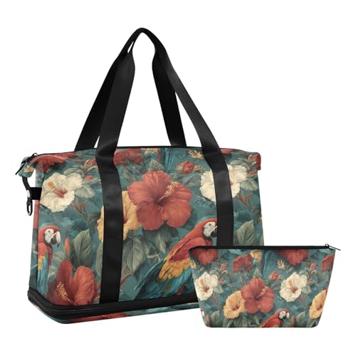 ALAZA Vintage Parrots Tropical Hibiscus Flowers Gym Bag Sports Duffel Bag with Shoes Compartment, Overnight Weekender Travel Tote Bag for Women Men Trip College