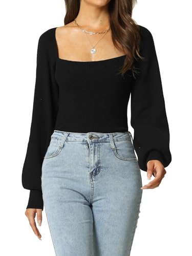 Image of Seta T Women's Square Neck Long Sleeve Sweaters Casual Ribbed Knit Fitted Pullover Sweater Tops
