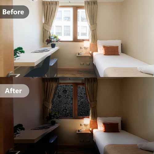 Image of LEMON CLOUD Total Blackout Window Film Privacy Static Cling Frosted Black Window Covering 100% Opaque Film Tint Darkening Removable Film for High Privacy,(Blackout Tulip Design,23.6 x78.7 inches)