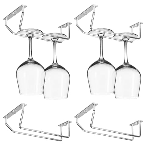 4 Pcs 7 Inch Wine Glass Rack, Under Cabinet Wine Glass Holder, Metal Stemware Holder Wine Glass Holder Wine Glass Hanger for RV Mini Bar Kitchen Storage (Silver Chrome) Cover