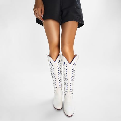 Yishaweiqi Embroidered Cowboy Boots for Women Almond Round Toe Chunky Heel Cowgirl Boots Pull On Knee High Western Boots with Contrast Foliage Inlay4