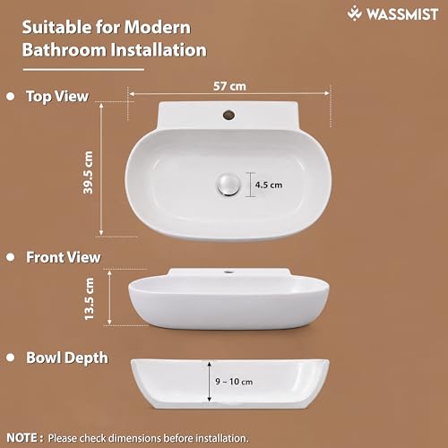 Image of WASSMIST Wash Basin | Table Top WashBasin for Bathroom with 10 Year Glaze Warranty | Premium Ceramic Basin with Thin Rim (22.5 X 15.5 X 5.31 inch)