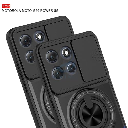 Image of AESTMO Moto G86 Power 5G Back Cover | Armor Camera Slider 360 Degree Rotating Finger Ring Holder Case with Bracket Stand Back Case Cover (Compatible with MagSafe Accessories) (Black)