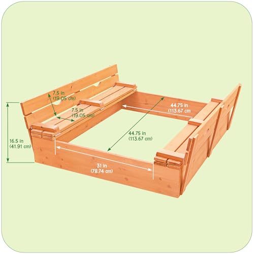 Badger Basket Wooden Sandbox with Cover & Folding Benches - Outdoor Sand Box for Kids & Toddlers, Large Backyard Sand Pit Playset with Convertible Lid, (46.5 x 46.5 x 9.5 Inches) - Natural by Badger Basket - Image 3