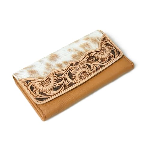 Cowhide Leather Wallet for Women – Handcrafted Tooled Sunflower Western Clutch – Hair-On Hide Purse with Snap Closure – Gift for Western Fashion Lovers 5