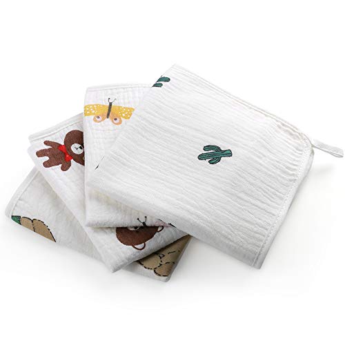 ガーゼハンカチ ガーゼタオル ループ付き 4層ガーゼ 厚手 綿100% 通気性も 可愛い おしゃれ 北欧風 30*30㎝ 保育所 幼稚園 熊の森 4枚セット