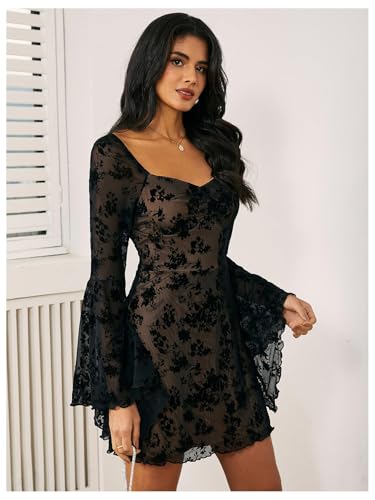 Image of WDIRARA Women's Floral Jacquard Gothic Bell Long Sleeve Dress | Mesh , A Line, Vintage