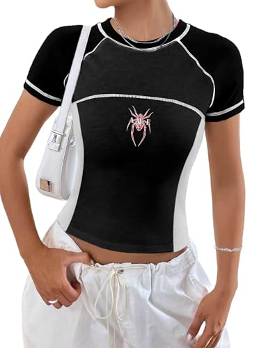 Avanova Women Spider Graphic Raglan Colorblock Baby Tee Shirt Short Sleeve Summer Casual Tops Black Spider Large