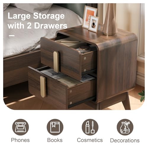 Image of JOINICE Mid Century Modern Night Stand Set of 2 for Bedroom, Walnut | Bed Side Table with Storage for Living Room, Bedroom, Walnut Veneer Finish, 2 Large Drawers with Golden Handles, Accent Piece