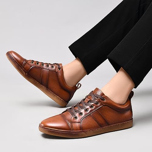 Image of Men's Casual Sneakers Fashion Oxford Sneaker Shoes Perforated Yellow Brown Leather Comfortable Daily Shoe for Men Size 12