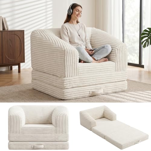 Image of Convertible Sofa Bed, 3-in-1 Foldable Loveseat Couch with Armrest, Corduroy Floor Sofa & Sleeper Bed, No Assembly High-Density Foam Futon Mattress for Living Room, Small Apartment, Dorm