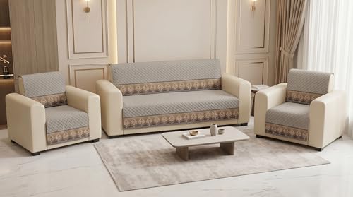 Image of Gray Velvet Sofa Mat, 3+1+1 Set | Full Cover for Seat & Back, Anti-Skid, Machine Washable