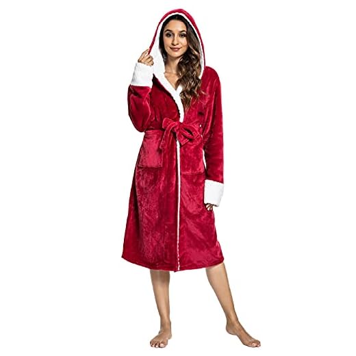 Tuopuda Albornoz Capucha Larga con Bolsillos,Bata para Mujeres con Capucha Albornoz de Forro Polar Señoras Robe Albornoz Mujeres Shawl Towel baño Abrigo Invierno(Rojo)