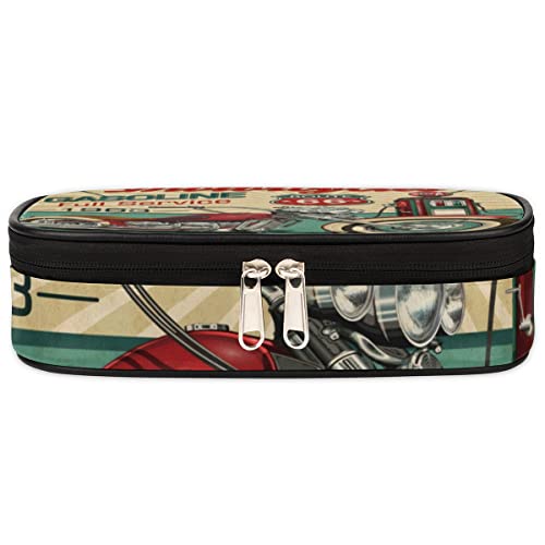 Image of Retro Motorcycle Poster Pencil Case Pen Holder Large Capacity Stationery Organizer Pen Bag with Zipper Pencil Pouch Makeup Brush Bag for Adult Teen Boy Girls Students School College Work Office