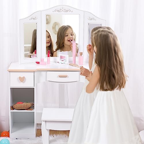 Garvee Kids Vanity with Tri-Fold Mirror, Little Girls Vanity Table