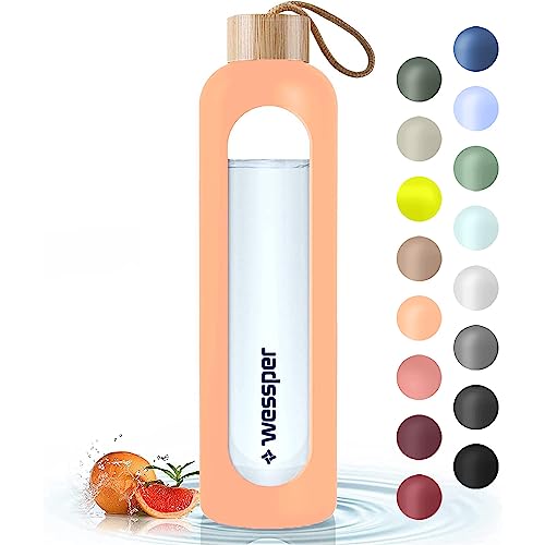 Wessper Botella de Cristal, Botella Agua Motivacional, con Marcas de Tiempo, Vidrio de borosilicato con Tapa de Bambú, Sin...