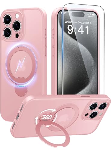 Image of FNTCASE for iPhone 15 Pro-Max Case: [360 Spin Magnetic Stand] [Compatible with Magsafe] [Screen Protector] Translucent Matte Military Grade Shockproof Full Camera Protective Phone Cover - Pink