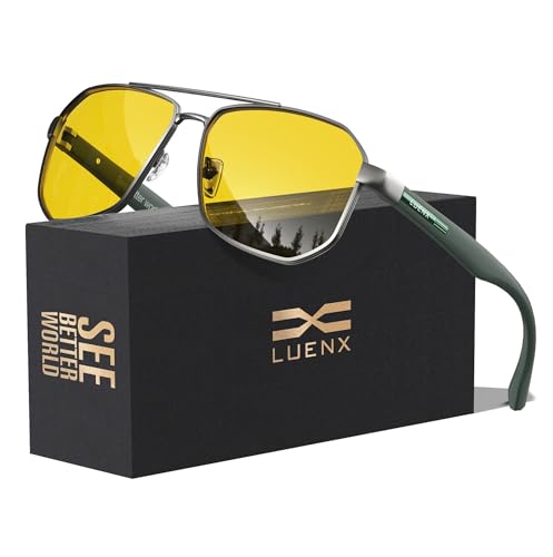 LUENX Aviator Sunglasses for Men Square Polarized Polygon Shades UV400 Sun Glasses 61mm,Yellow Lens Night Vision Driving Glasses