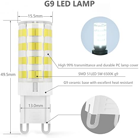 TASMOR G9 LED Bulbs 5W, Cool White 6500k, 500LM LED Bulbs G9 Equivalent to 50W Halogen Bulbs, No Flicker, Non-Dimmable, Energy Saving LED Light Bulbs, CRI>80, AC220-240V, 10 Packs